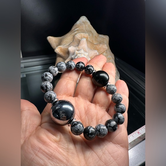 (JOEHANNA) TERAHERTZ + SNOW OBSIDIAN NATURAL STONES  BRACELET size 7” - Picture 6 of 10